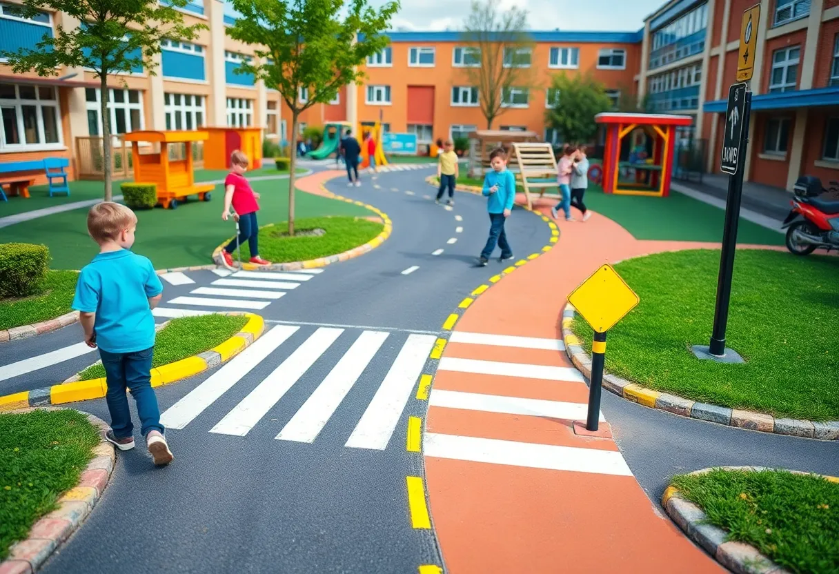 Miniature traffic garden at a school playground for road safety education