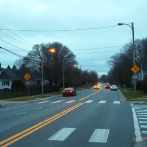 Residential street near school showing traffic safety issues