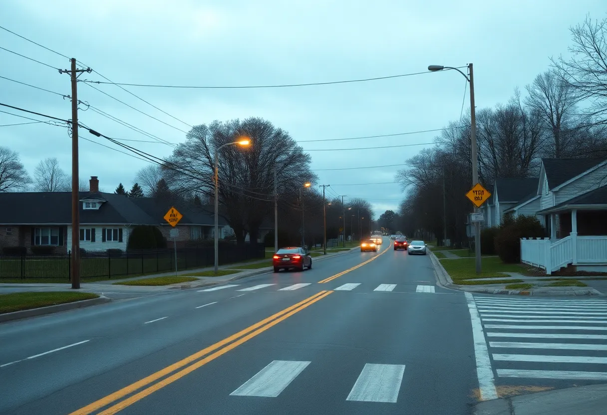 Residential street near school showing traffic safety issues