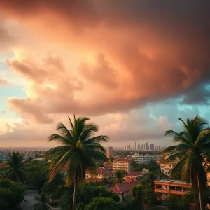 Storm clouds gathering over Jacksonville with palm trees