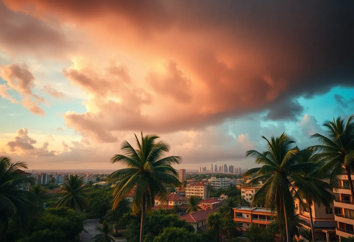 Storm clouds gathering over Jacksonville with palm trees