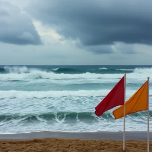 High waves and storm warning flags at Jacksonville Beach