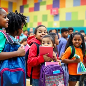 Children receiving school supplies at a community event