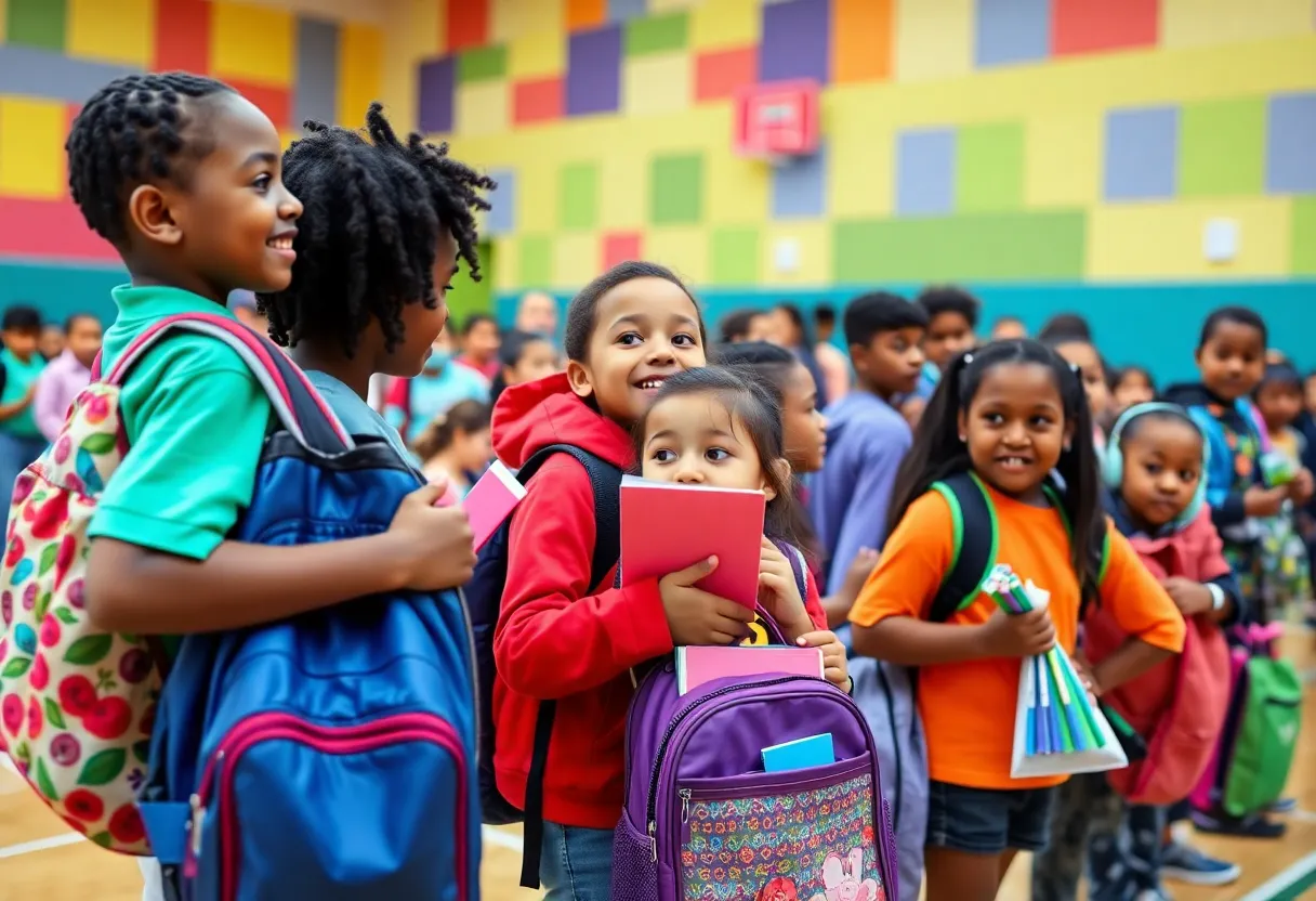 Children receiving school supplies at a community event