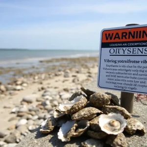 Coastal scene of Louisiana with oysters and health warning signs