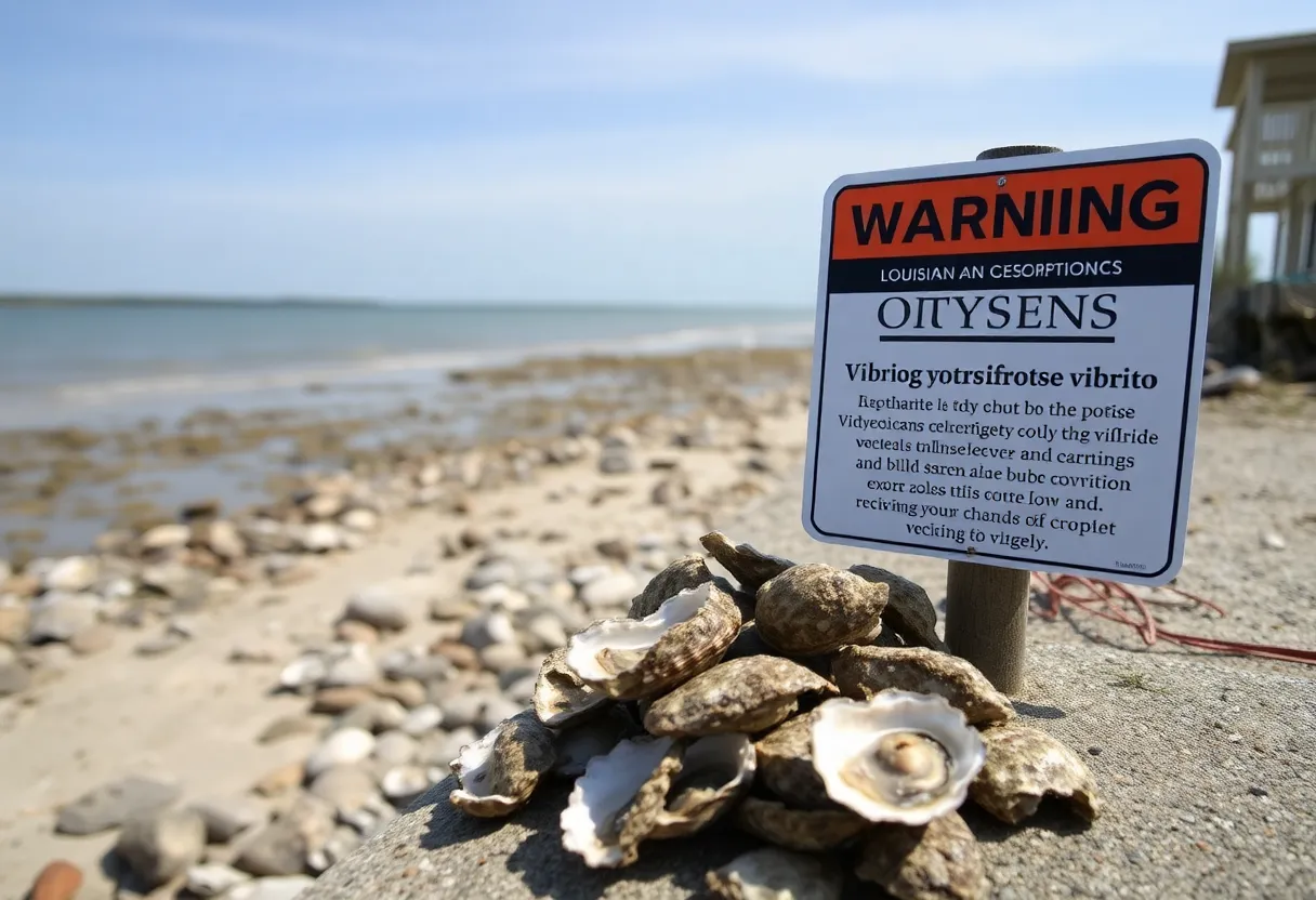 Coastal scene of Louisiana with oysters and health warning signs