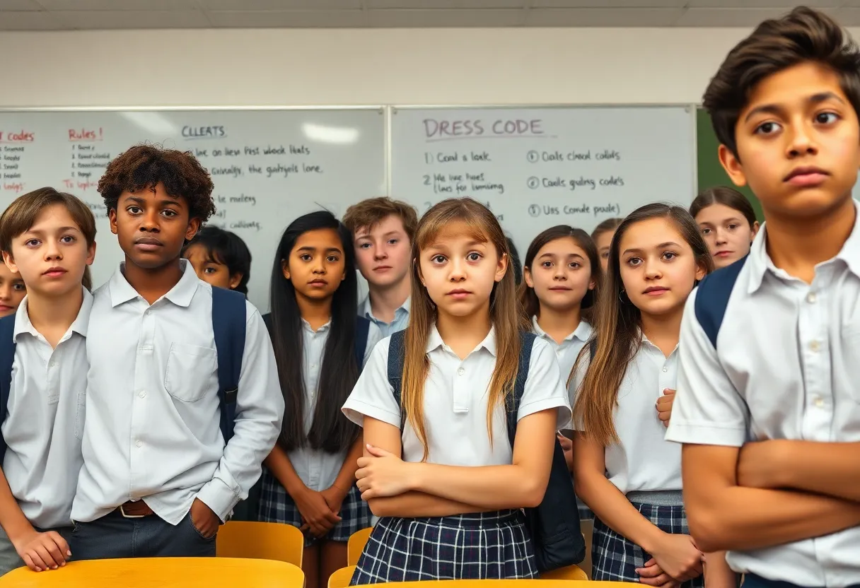 Students in a classroom looking perplexed by dress code rules