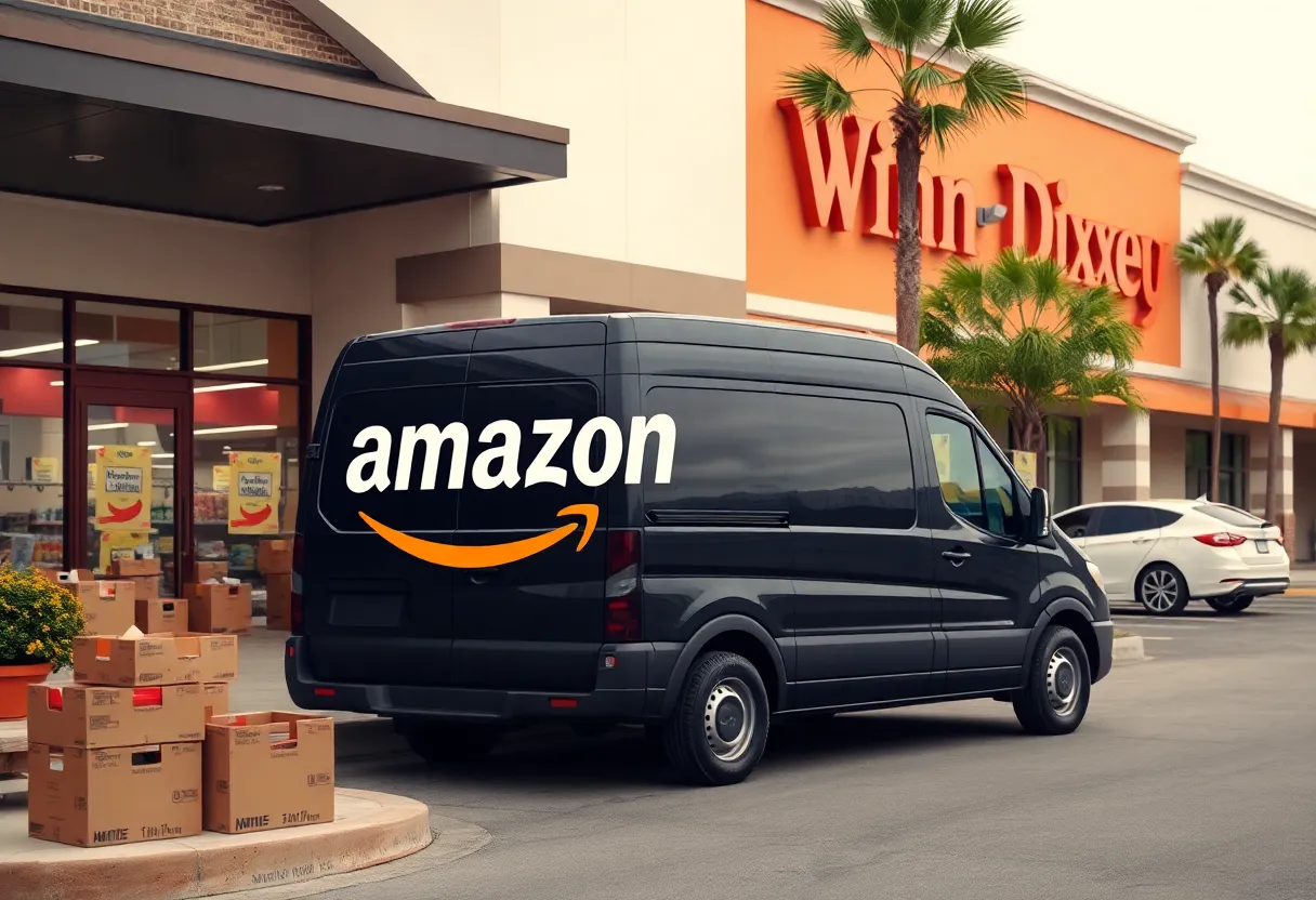 Grocery delivery scene with Amazon van and Winn-Dixie store