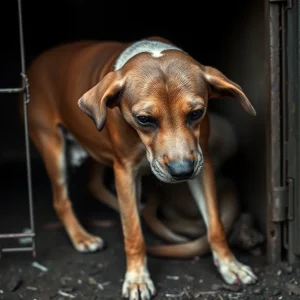 A malnourished dog and a crate representing animal neglect