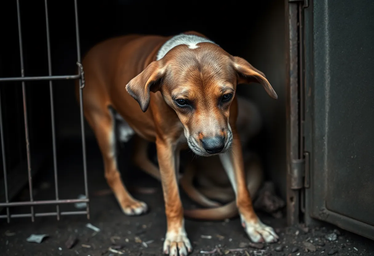 A malnourished dog and a crate representing animal neglect