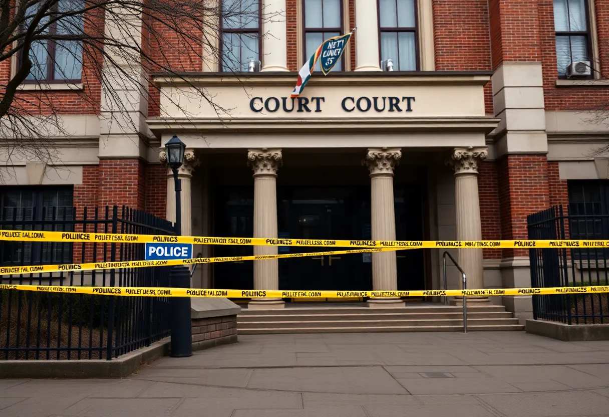 Court building with police investigation sign and tape
