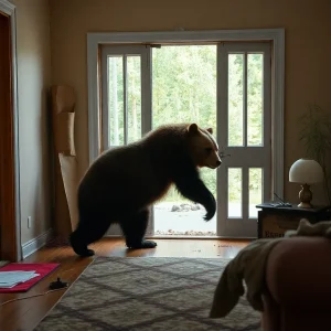 Bear exploring the living room of a house