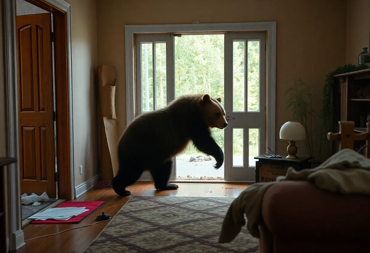 Bear exploring the living room of a house