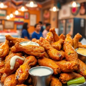 Assortment of flavorful chicken wings on a table in a local restaurant.