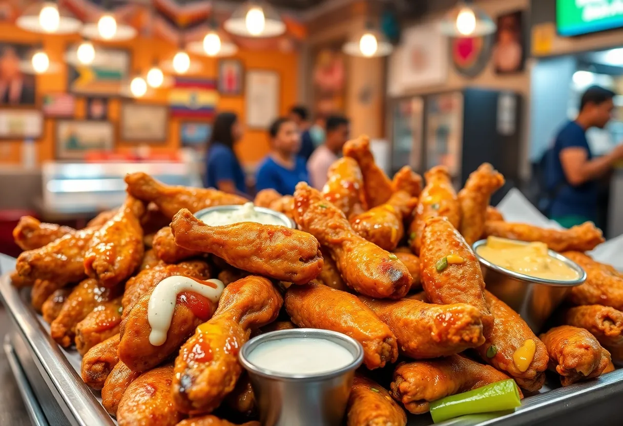 Assortment of flavorful chicken wings on a table in a local restaurant.