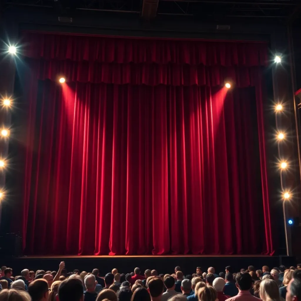 A colorful theater stage with rising curtains and dramatic lighting