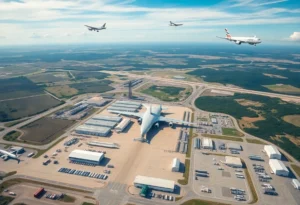 Aerial view of Cecil Spaceport showcasing aircraft and launch facilities