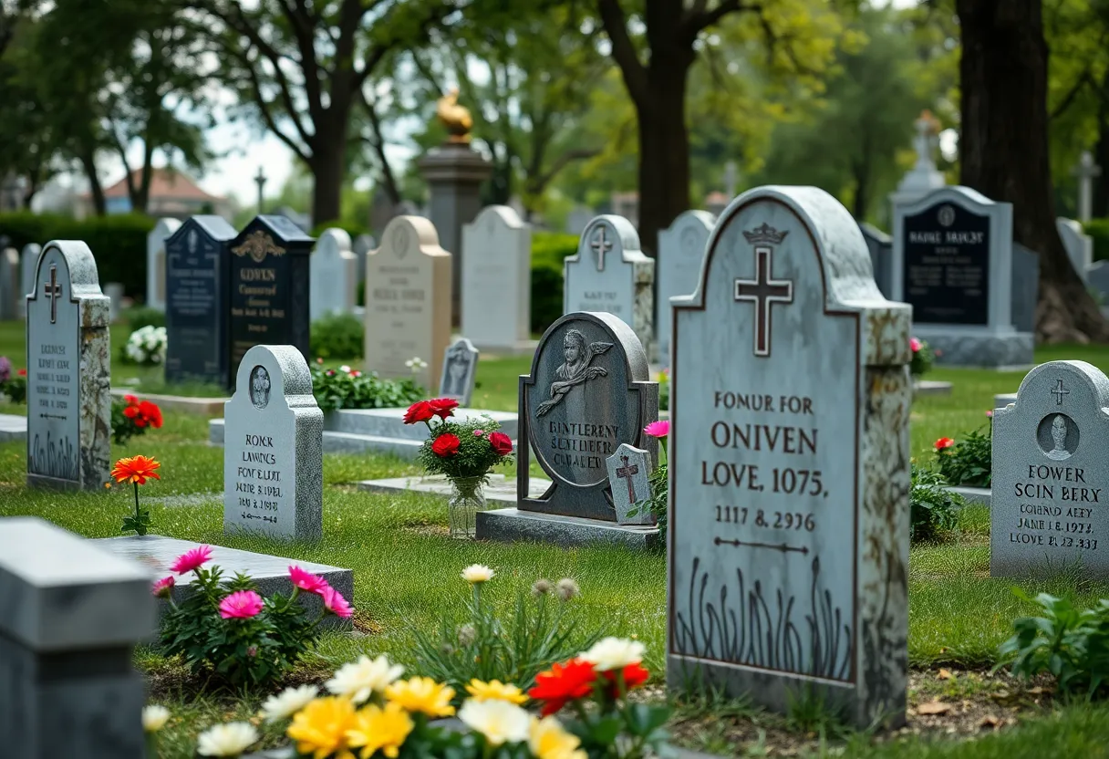 Various headstones in a peaceful cemetery in Jacksonville