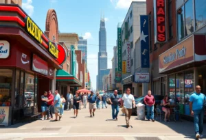 Busy street in Cleveland with fast food restaurants