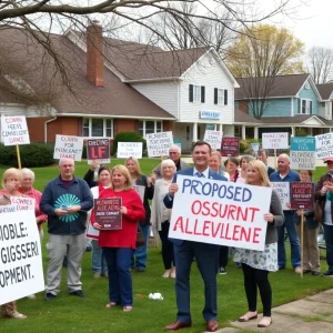 Residents gather for a meeting opposing housing development