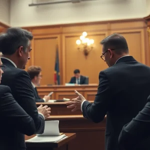 Courtroom with lawyers arguing in front of a judge