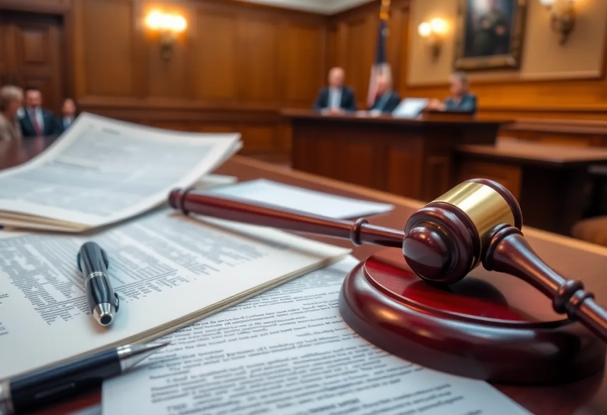 A courtroom setting with legal elements representing a court case.