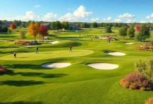 Overview of the renovated Deerwood Country Club golf course with lush greens and players on the course.