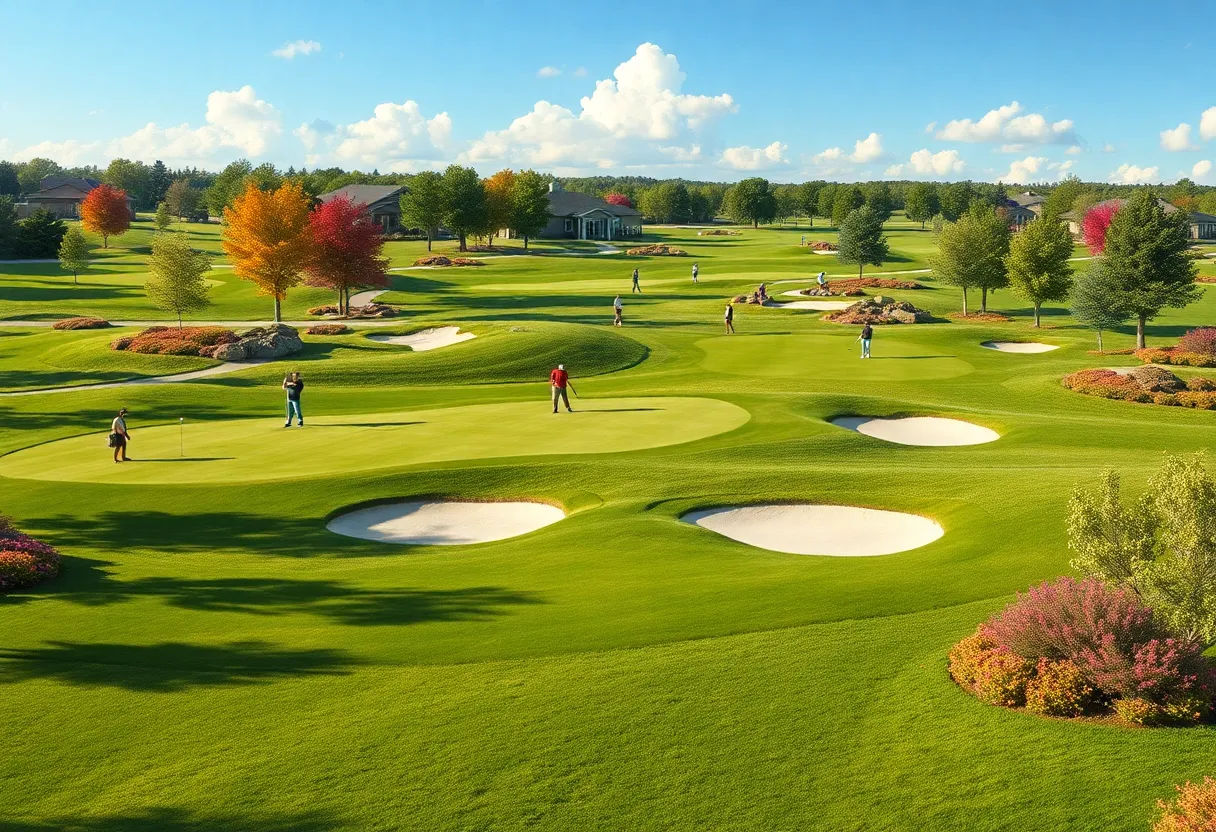 Overview of the renovated Deerwood Country Club golf course with lush greens and players on the course.