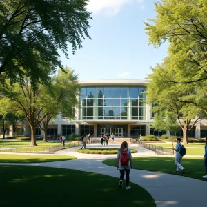 Conceptual image of a modern educational headquarters with a park setting.