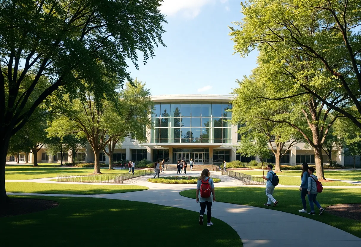 Conceptual image of a modern educational headquarters with a park setting.