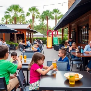 Families dining outdoors at a family-friendly restaurant in Jacksonville