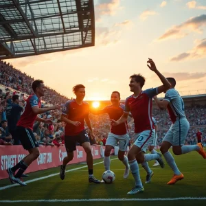 Florida Atlantic University men's soccer team celebrating a victory