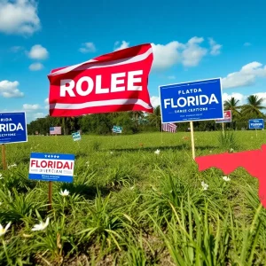 Symbolic representation of the Florida gubernatorial race with campaign elements