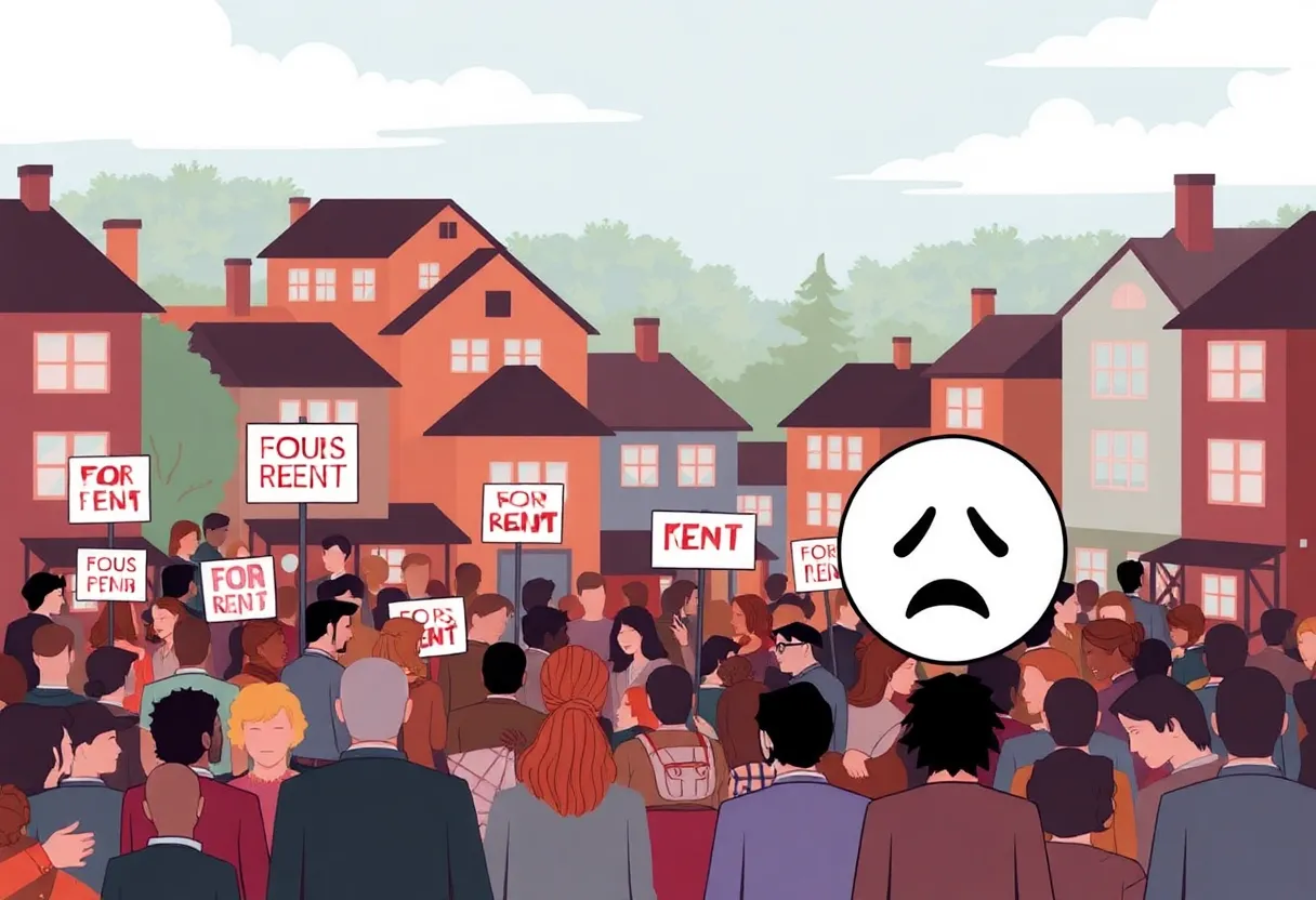 Visual representation of the rent crisis in Florida with multiple rental signs and families in distress