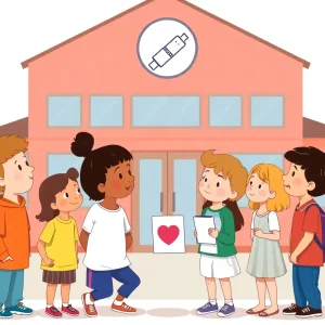 Children discussing health in front of a school with a vaccine symbol