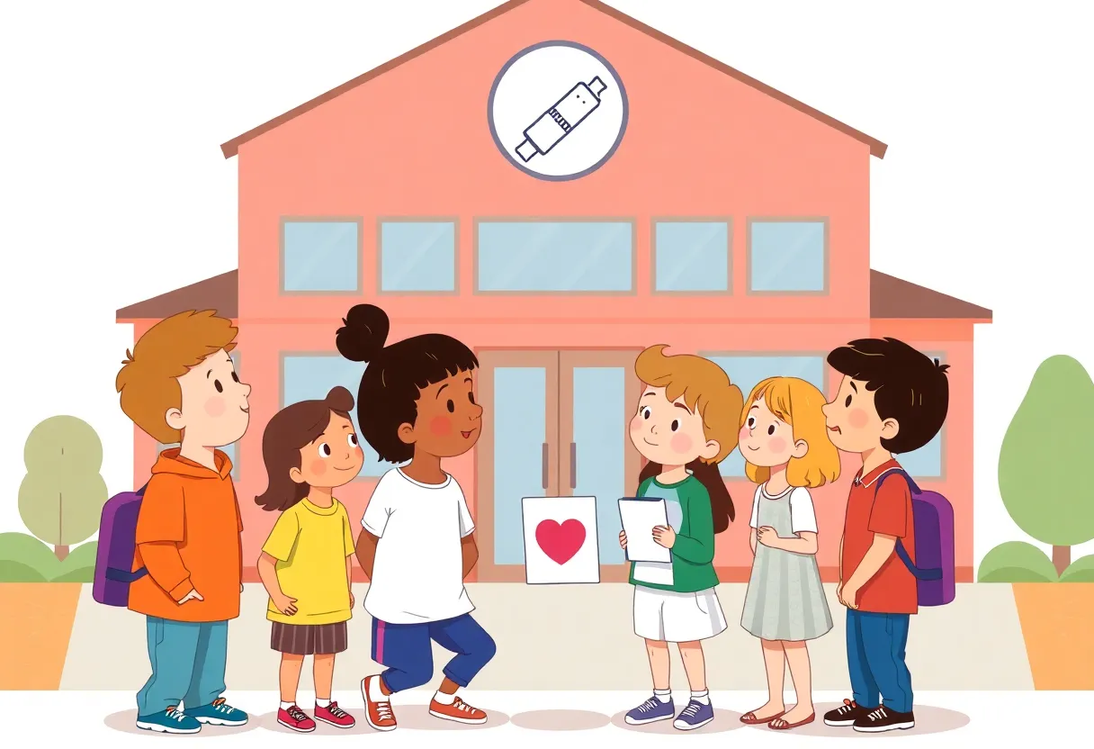 Children discussing health in front of a school with a vaccine symbol