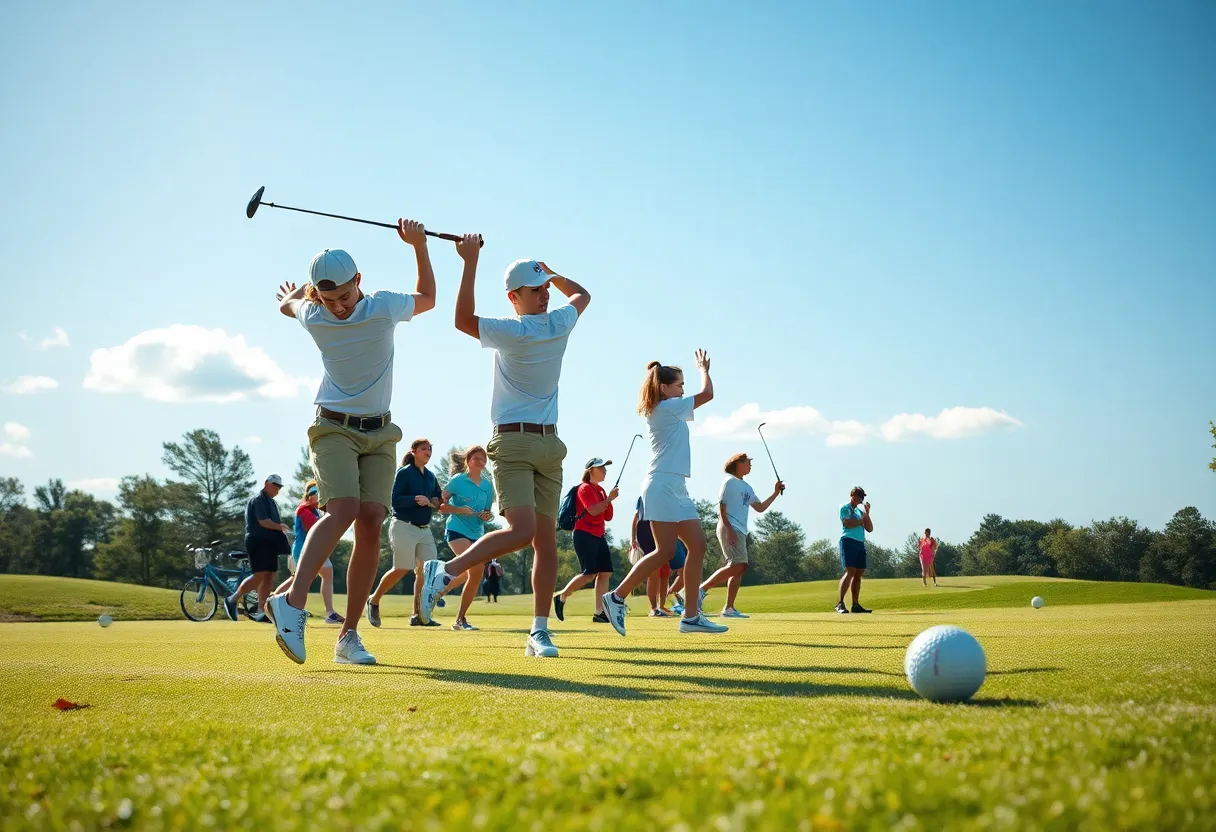 Young golfer swinging on a sunny day