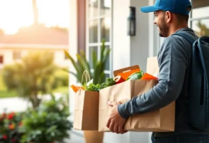 Delivery person presenting groceries at a residence in Jacksonville