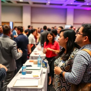 Attendees at the Hola Emprende Conference networking and showcasing Hispanic-owned businesses.
