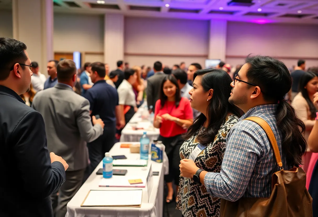 Attendees at the Hola Emprende Conference networking and showcasing Hispanic-owned businesses.