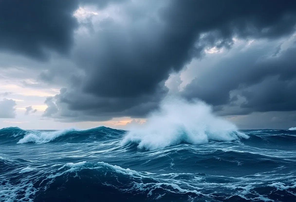 Intense hurricane storm clouds and high waves depicting Hurricane Humberto's power.