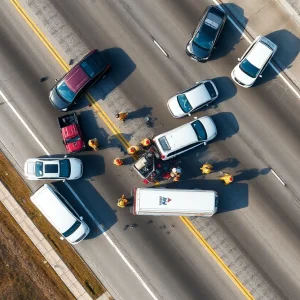 Aerial view of a multi-vehicle accident on I-95 with emergency services present.