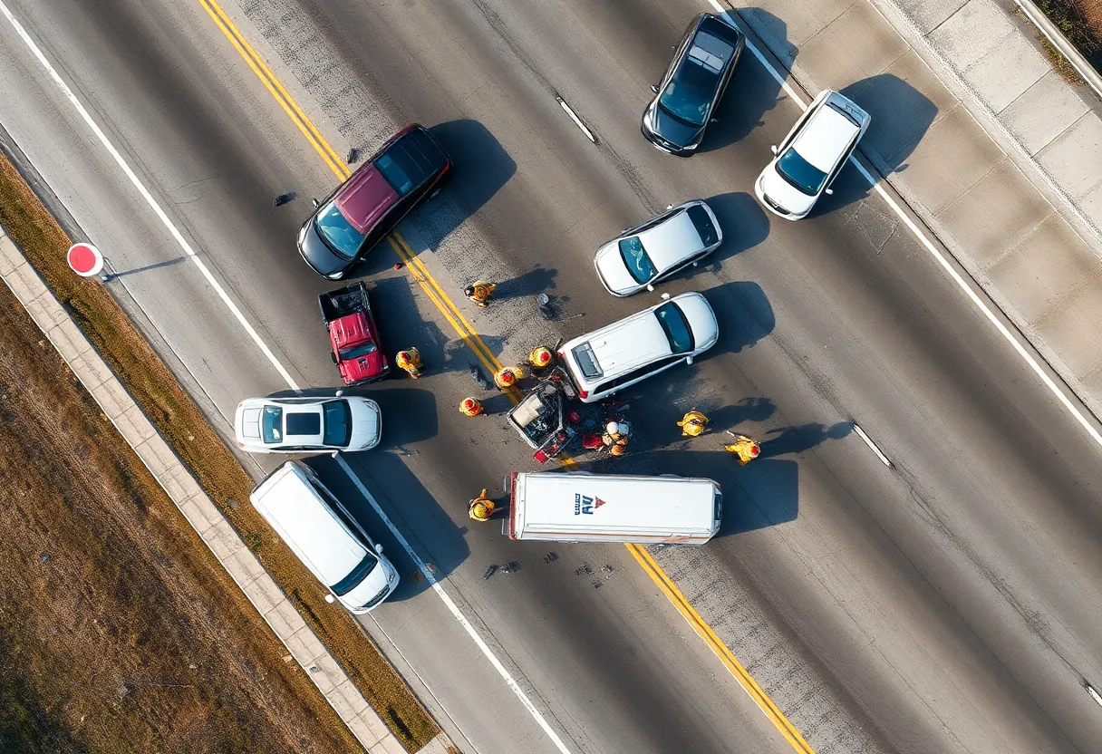 Aerial view of a multi-vehicle accident on I-95 with emergency services present.