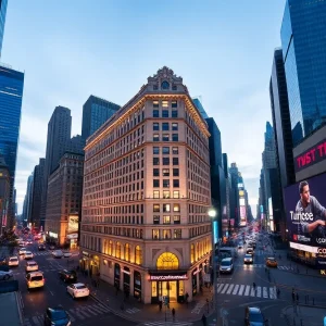 InterContinental New York Times Square illuminated at night