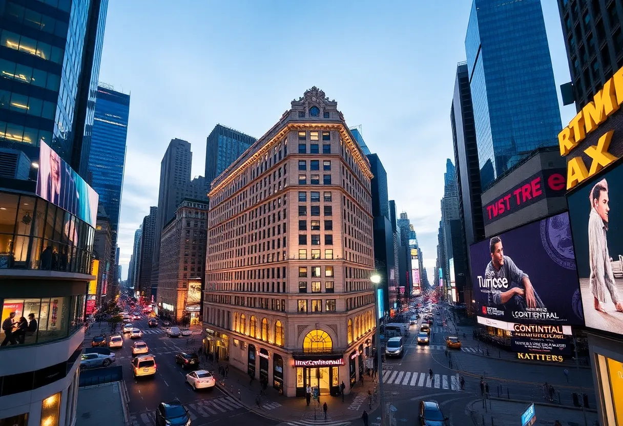 InterContinental New York Times Square illuminated at night