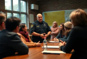 Community members discussing theft issues with police in Jacksonville Beach