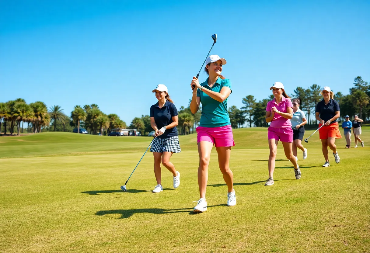 Female golfers from the Jacksonville Dolphins Women's Golf Team in action during The Southern tournament.
