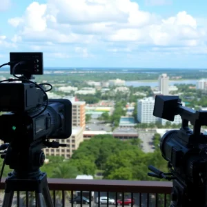 Jacksonville cityscape with film production equipment
