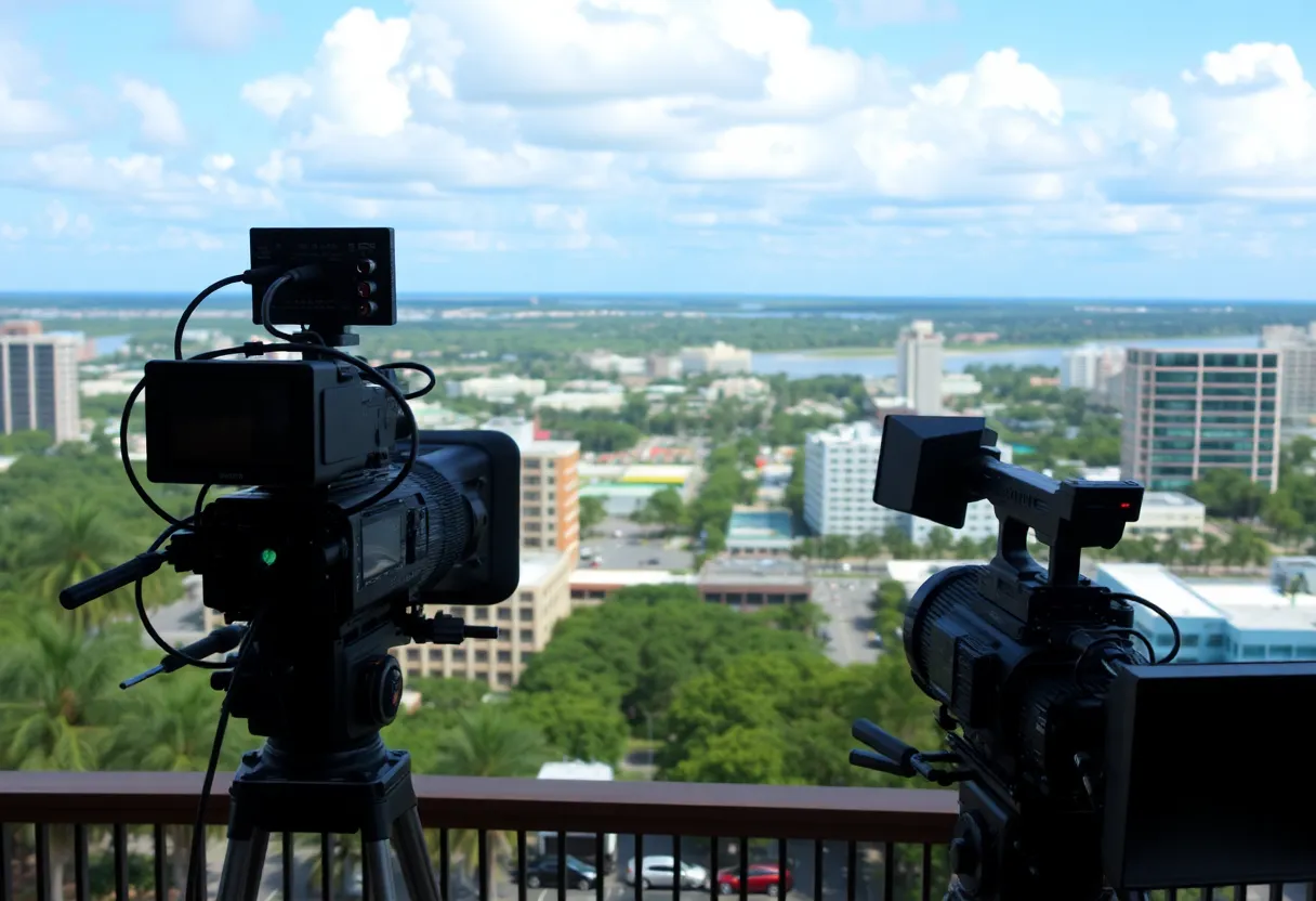 Jacksonville cityscape with film production equipment