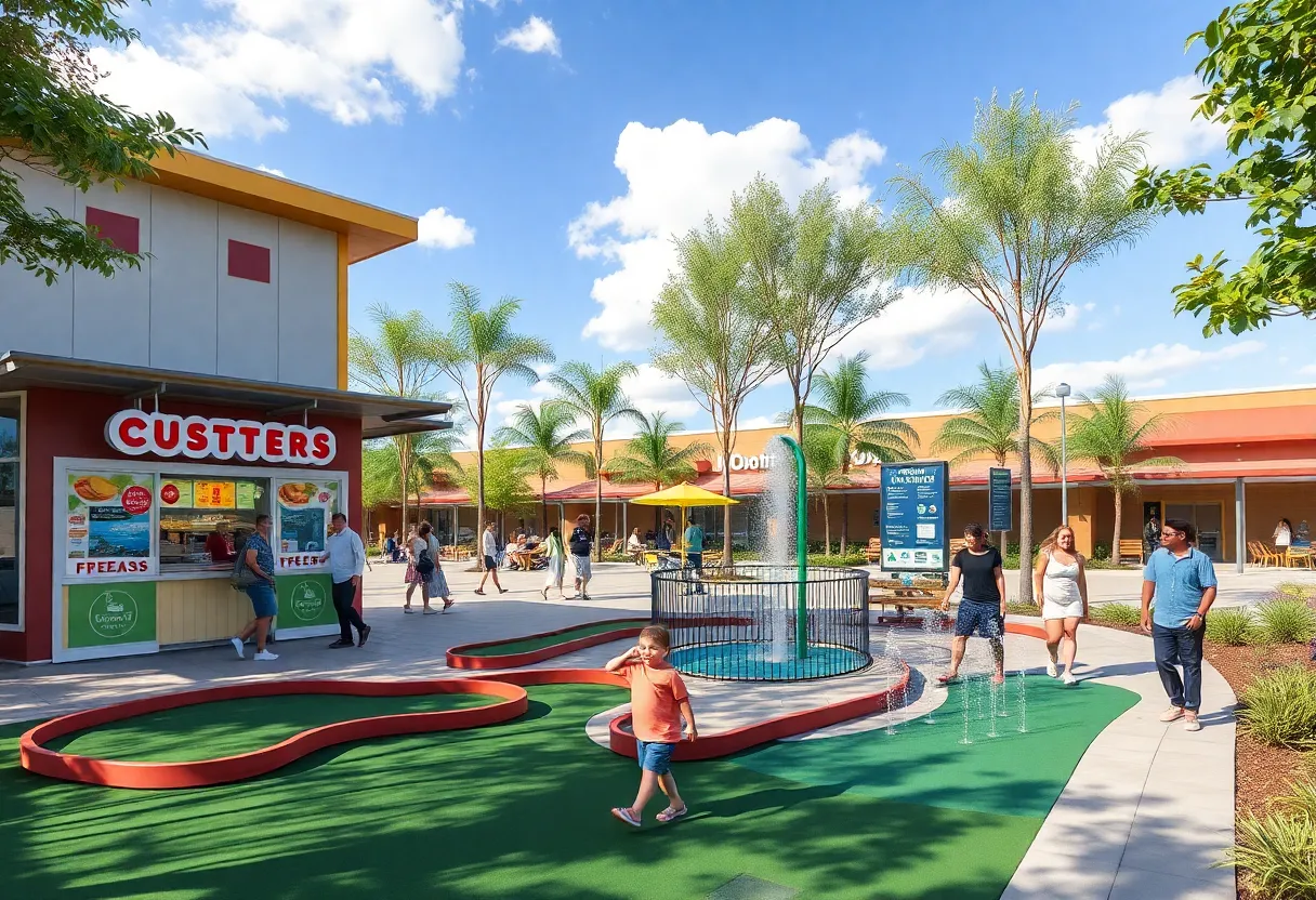 Rendering of the new food court in Jacksonville with mini-golf and splash pad